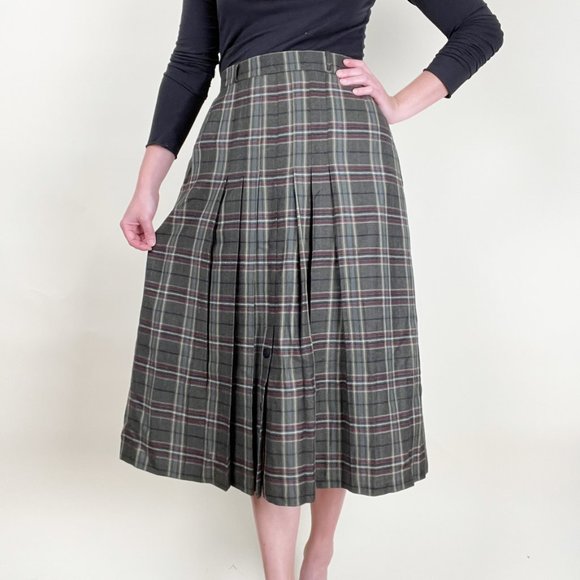 Vintage High Rise Pleated Plaid Midi Skirt Preppy Light Dark Academia Kilt Check - Picture 9 of 9